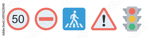 Collection of essential road signs and a traffic light vector illustration depicting common regulations and warnings for safe driving and pedestrian movement.