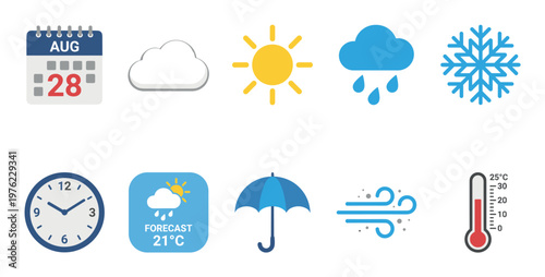 Weather icons and symbols representing various meteorological conditions, including temperature, precipitation, wind, and time for daily forecasts and planning.