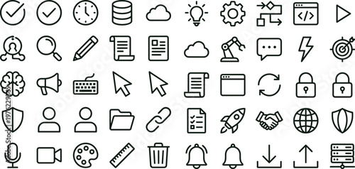 Minimal outline universal interface productivity icon set collection for web mobile apps dashboard navigation editable stroke vector UI symbols