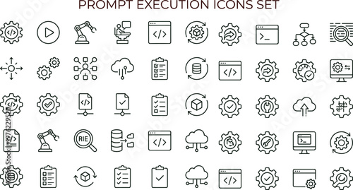 Minimal outline prompt execution workflow icon set collection for automation process monitoring web mobile interface editable stroke vector symbols