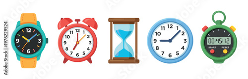 Various time measuring devices including clocks, timers, and an hourglass are displayed together in a colorful collection of essential instruments.