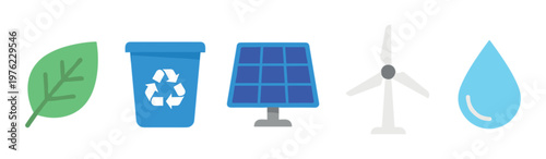 Environmental sustainability icons representing nature, recycling, solar, wind, and water conservation are displayed together in a clean, illustrative design.