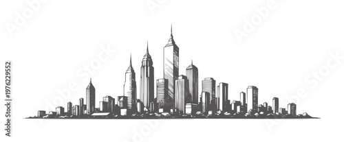 Hand drawn of a dense city skyline with varied skyscrapers urban architecture buildings