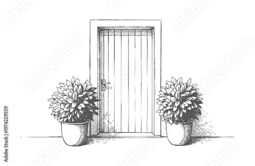 Hand drawn of a closed wooden door with potted plants handdrawn outline
