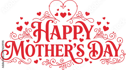 Happy mothers day greeting with red hearts and swirls on white background