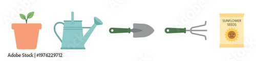Gardening tools and supplies for planting and growing include a potted sprout, watering can, hand trowel, cultivator, and sunflower seeds packet.