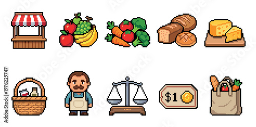 Pixel art market grocery store items collection featuring fruits, vegetables, bread, cheese, a vendor, and shopping essentials for a retro game design.
