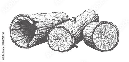 Three rough cut logs with visible rings and hollowed out section wood timber tree