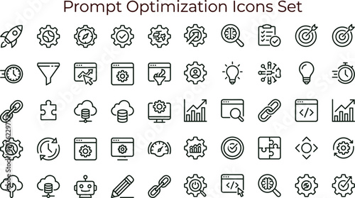 Minimal outline prompt optimization workflow icon set collection for analytics performance tuning automation web mobile interface editable stroke vector symbols