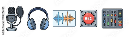 Audio recording equipment set for podcasting, music production, and sound engineering, featuring a microphone, headphones, waveform, and mixer controls.