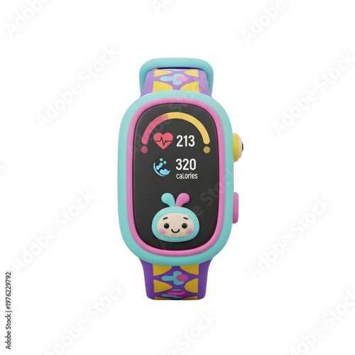 Colorful kids smartwatch, cartoon character display, wearable technology, fitness tracker
