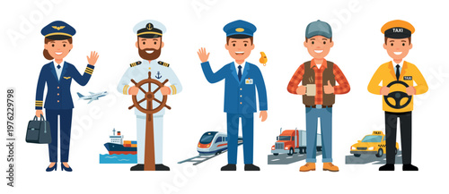 Transportation professionals representing various modes of travel including air, sea, rail, and road, depicted in a friendly and illustrative style.