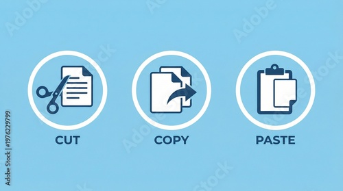 Blue background with circular icons, scissors cutting paper, overlapping sheets, clipboard, labeled cut, copy, paste, digital editing basics.