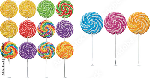 Assorted Colorful Swirl Lollipop Candy Collection with Stands Featuring Rainbow Spiral Sweets for Confectionery, Dessert, and Party Decoration Designs