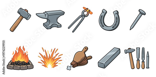 Blacksmith tools and forging equipment are essential for shaping metal, featuring a hammer, anvil, horseshoe, and fire in a cartoon illustration.