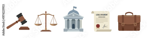 Legal symbols and icons representing justice, law, and court proceedings are displayed in a flat design style, perfect for legal industry concepts.