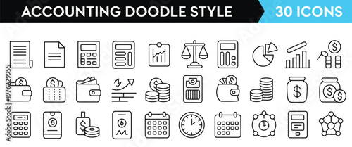 Finance and banking doodle icons, hand drawn style vector set, money management, accounting tools, cash flow, bank, credit card, savings, investment, budget planning, financial analytics concept.