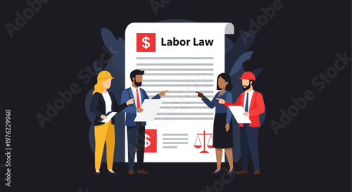 Business people discussing labor law document.
