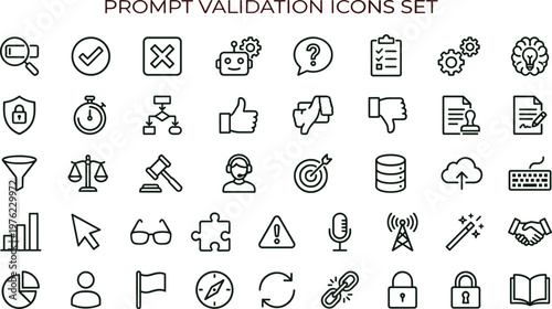 Minimal outline prompt validation workflow icon set collection for verification approval analytics monitoring web mobile interface editable stroke vector symbols