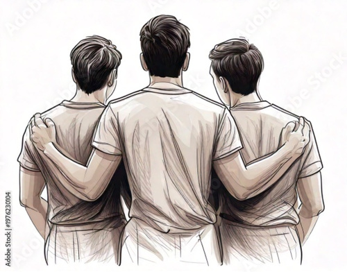 Three men standing together arms around each other.