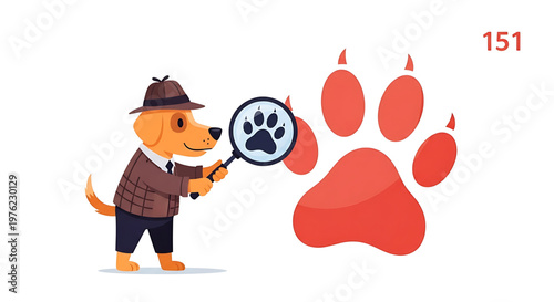 A cartoon dog in a detective outfit examining a large red paw print with a magnifying glass