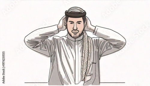 Man performing Islamic prayer ritual raising hands to ears.