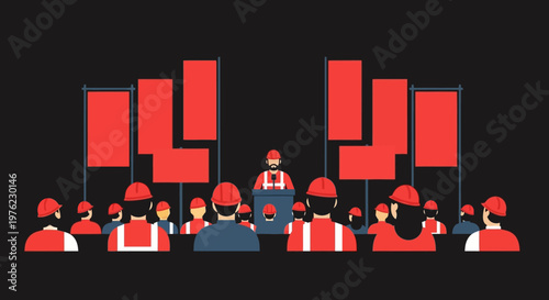 Protesters with red flags and signs.