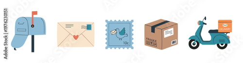 Mail and delivery service items are neatly arranged in a row, illustrating various aspects of postal communication and package transportation.