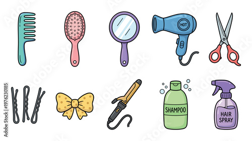 Hair care tools and products collection in cartoon style, showcasing essential items for styling, grooming, and maintaining healthy hair.