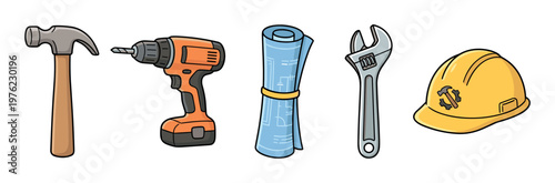Construction tools and architectural blueprint items for building projects, including a hammer, drill, wrench, and hard hat, presented in a vibrant cartoon style.