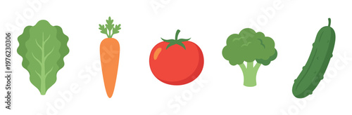 Fresh vegetables vector illustration set featuring healthy produce like lettuce, carrot, tomato, broccoli, and cucumber for a balanced diet and nutritious lifestyle.
