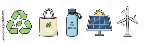 Eco-friendly symbols and items representing sustainability, renewable energy, and environmental conservation concepts in a hand-drawn style.