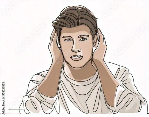 Man covering ears to block out loud noise and sound.