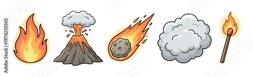 Fire and heat elements cartoon illustrations depicting various natural phenomena and sources of combustion in a vibrant, engaging style.