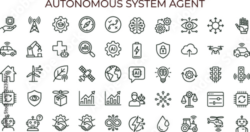 Autonomous system artificial intelligence agent outline icon set for automation analytics robotics dashboards applications interfaces and smart digital control platforms