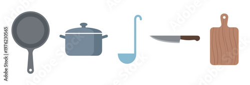 Various kitchen utensils and cookware items for cooking and food preparation are neatly arranged in a clean, minimalist illustration.