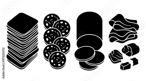Black and white illustration of various food items stacked