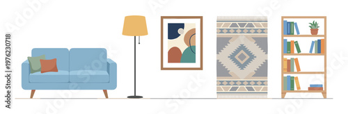 Living room interior design with modern furniture and decor elements including a sofa, floor lamp, abstract art, patterned rug, and bookshelf.