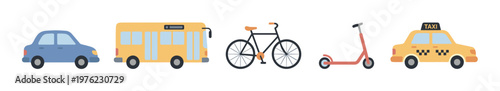 Various colorful transportation vehicles including a car, bus, bicycle, scooter, and taxi are neatly arranged in a row, representing different modes of urban travel.