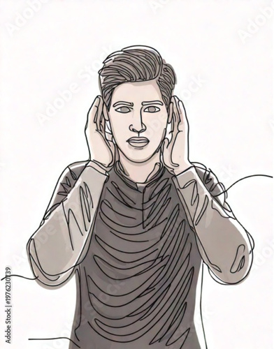 Man covering ears to block out noise or sound.