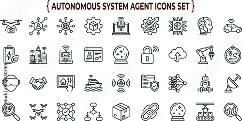 Autonomous system artificial intelligence agent outline icon set for automation analytics robotics dashboards applications interfaces and smart digital workflow platforms