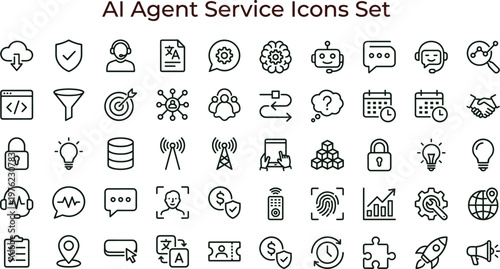 Artificial intelligence agent service outline icon set for automation analytics dashboards applications interfaces presentations and smart digital support platforms