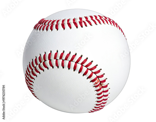 A close-up view of a standard, white baseball with red stitching, isolated against a black background
