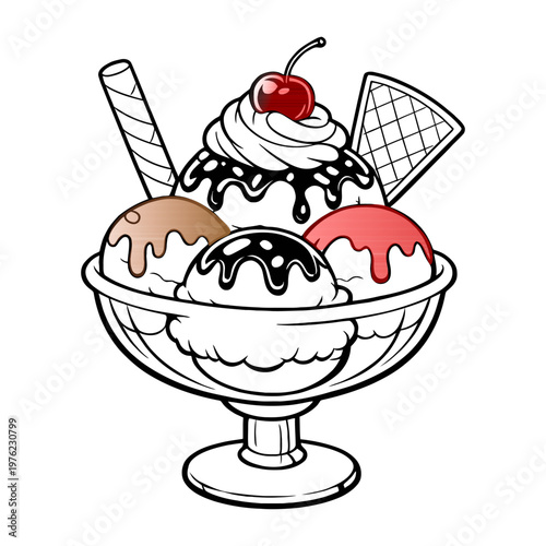 A delicious strawberry and cherry ice cream sundae served in a glass bowl with sweet chocolate syrup and vanilla cream makes a tasty summer dessert illustration