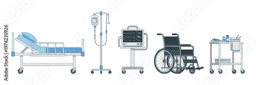 Various essential hospital medical equipment and supplies are neatly arranged, illustrating the comprehensive tools used in patient care and recovery.