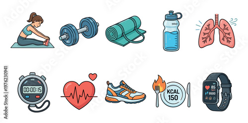 Fitness and health icons collection representing exercise, nutrition, and well-being elements for a healthy lifestyle, including workout gear, body metrics, and dietary choices.