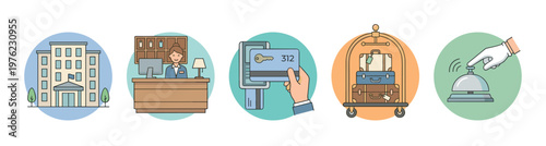 Hotel services icons set depicting various aspects of hospitality, including check-in, room access, luggage, and guest assistance.