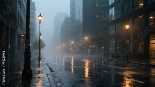 A foggy city street at night with streetlights reflecting off the wet pavement