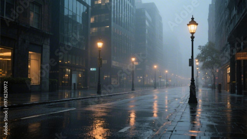 A rainy city street at dusk with streetlights reflecting off the wet pavement