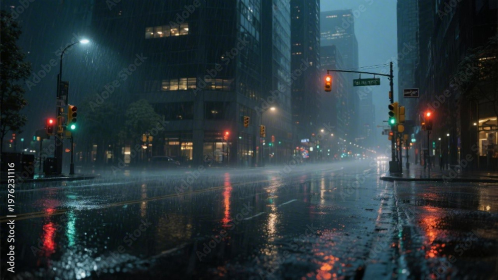 Fototapeta premium A rainy city street at night with tall buildings and traffic lights reflecting off the wet pavement